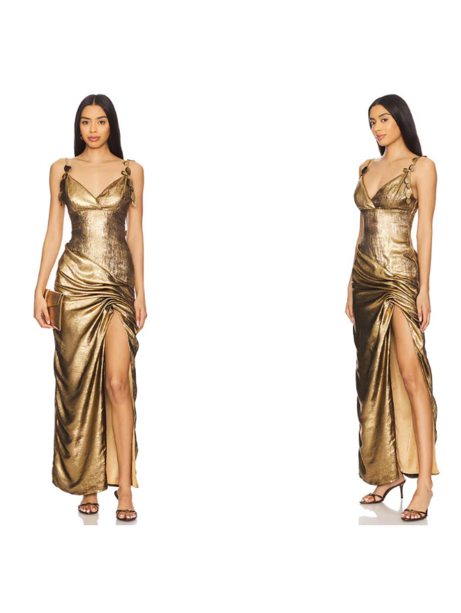 Yaura Ileri Dress Draped Leaf Gold Satin Asymmetrical Hem Size S Nwt $280msrp